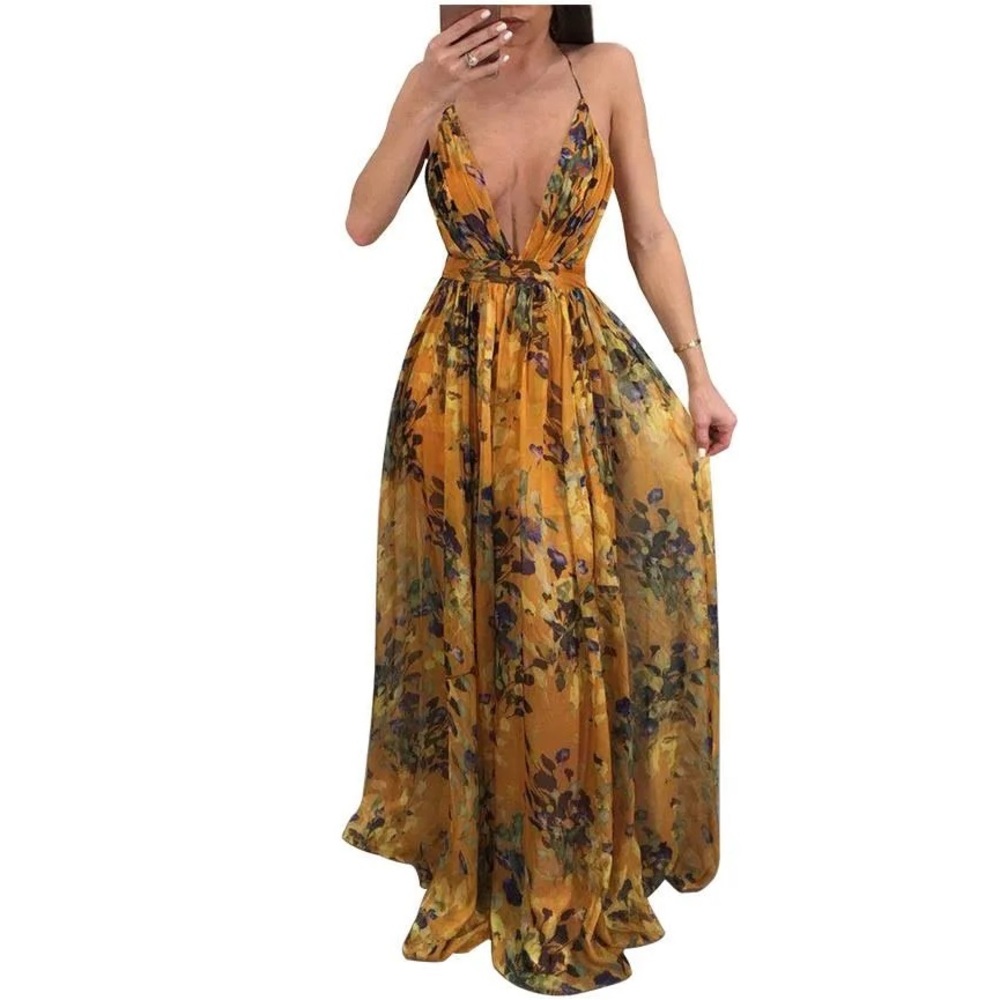The Vintage Shop Beautiful Hi Low Gown in size Medium Gold/Mustard Floral - Picture 1 of 8